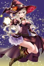 Rule 34 | 1girl, alternate costume, black dress, boots, breasts, cleavage, clothes lift, corrin (female) (fire emblem), corrin (fire emblem), dress, dress lift, fire emblem, fire emblem fates, grey hair, halloween, halloween costume, hat, hat ribbon, high heel boots, high heels, highres, jack-o&#039;-lantern, kakiko210, lantern, looking at viewer, medium breasts, nintendo, open mouth, pointy ears, red eyes, ribbon, smile, solo, star (sky), witch, witch hat