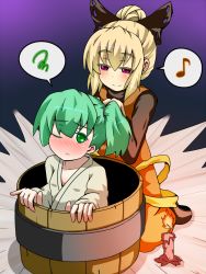 Rule 34 | 2girls, adjusting hair, bad id, bad pixiv id, blonde hair, blush, bow, bucket, candle, collarbone, dress, frown, full-face blush, gradient background, green eyes, green hair, hair bow, hair bun, hairdressing, hato no suisou, high collar, in bucket, in container, japanese clothes, kimono, kisume, kneeling, kurodani yamame, long sleeves, looking at another, looking at viewer, multiple girls, musical note, pinky out, purple background, purple eyes, quaver, shadow, short hair, side ponytail, sidelocks, simple background, single hair bun, smile, speech bubble, spoken musical note, spoken squiggle, squiggle, touhou, tying hair