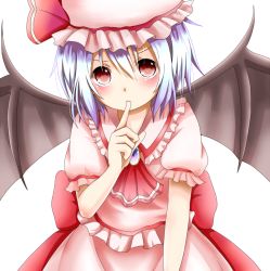 Rule 34 | 1girl, album cover, bat wings, blue hair, chikuwa savy, cover, finger to mouth, hat, red eyes, remilia scarlet, ribbon, short hair, solo, touhou, wings