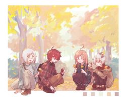 Rule 34 | 2boys, 2girls, acorn, ahoge, autumn leaves, bag, bandaid, bandaid on face, bandaid on nose, black sweater, blue eyes, brown pants, brown sweater, color guide, commentary, falling leaves, flower (vocaloid), fukase, ginkgo leaf, green eyes, heterochromia, holding, holding leaf, hugging own legs, leaf, long hair, looking at viewer, mi no take, multicolored hair, multiple boys, multiple girls, pants, pinecone, pink eyes, pink hair, plaid, plaid shirt, red eyes, red hair, scenery, school bag, sf-a2 miki, shirt, short hair, shoulder bag, squatting, streaked hair, sweater, tree, utatane piko, flower (vocaloid4), vocaloid, white hair, yellow leaves
