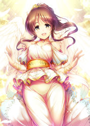 Rule 34 | 1girl, :d, angel wings, bare shoulders, beads, belt, blush, brown hair, choker, clothing cutout, cloud, cloudy sky, collarbone, commentary request, cowboy shot, feathered wings, flower, hair flower, hair ornament, idolmaster, idolmaster cinderella girls, long hair, looking at viewer, ment, open mouth, pants, parted bangs, ponytail, short sleeves, shoulder cutout, sidelocks, sky, smile, solo, sunlight, takamori aiko, tareme, w arms, white pants, white wings, wings, wristband, yellow flower
