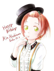 Rule 34 | 1girl, alternate hairstyle, artist name, artist request, black hat, blush, bow, breasts, collared shirt, cowboy shot, earrings, female focus, finger to mouth, frilled shirt, frills, green bow, green eyes, hair between eyes, hair bow, hat, hello hoshi wo kazoete, highres, hoop earrings, hoshizora rin, jewelry, kawaya-san, long sleeves, looking at viewer, love live!, love live! school idol festival, love live! school idol project, orange hair, puffy long sleeves, puffy sleeves, shirt, short hair, small breasts, solo, suspenders, top hat, white background, white shirt, yellow eyes