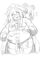 Rule 34 | 2girls, belly grab, blush, braid, braided hair rings, breasts, clenched hands, embarrassed, fat, genshin impact, grabbing, grabbing another&#039;s breast, greyscale, hair rings, hat, highres, hu tao (genshin impact), jacket, long hair, looking back, medium breasts, monochrome, multiple girls, nimo (b45ui), obese, shorts, surprised, sweatdrop, thick thighs, thighs, twintails, v-shaped eyebrows, very long hair, xiangling (genshin impact)