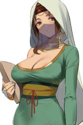 Rule 34 | 1girl, arabian clothes, areola slip, blush, breasts, brown eyes, brown hair, cleavage, dress, earrings, fate/grand order, fate (series), green dress, headband, highres, hoop earrings, jewelry, large breasts, long hair, long sleeves, looking at viewer, mouth veil, neck ring, necklace, open mouth, sash, siduri (fate), simple background, solo, stone tablet, veil, white background, white hood, yd (orange maru)