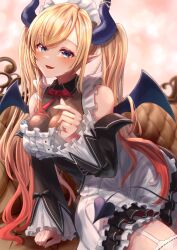 Rule 34 | 1girl, absurdres, apron, arm support, bare shoulders, black horns, black skirt, black sleeves, blonde hair, blue eyes, breasts, center frills, cleavage, commentary, demon girl, demon horns, demon tail, demon wings, detached sleeves, fang, frilled sleeves, frills, garter straps, highres, hololive, horns, large breasts, long hair, maid, maid headdress, official alternate costume, official alternate hairstyle, parted lips, pointy ears, see-through, see-through cleavage, shirt, sidelocks, skirt, sleeveless, sleeveless shirt, smile, solo, tail, thighhighs, thighs, twintails, virtual youtuber, w arms, white apron, white garter straps, white thighhighs, wings, yam (yam6056), yuzuki choco, yuzuki choco (maid)