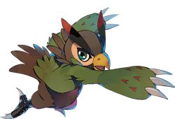 Rule 34 | airborne, arm up, bird, claws, creature, digimon, digimon (creature), digimon survive, falcomon, feathers, full body, green eyes, looking at viewer, lowres, no humans, official art, open mouth, outstretched arm, sharp teeth, solo, teeth, tongue, transparent background, ukumo uichi