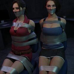 Rule 34 | 2girls, 3d, arms behind back, bdsm, black shorts, blue eyes, bondage, bound, bound arms, bound legs, breast bondage, breasts, brown hair, capcom, claire redfield, cleavage, gag, gagged, highres, improvised gag, jewelry, jill valentine, legs, lord kamski, medium breasts, multiple girls, necklace, resident evil, resident evil 2, resident evil 3, shorts, tape, tape bondage, tape gag, thighs, tied to chair