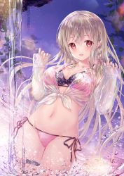 Rule 34 | 1girl, :d, absurdres, bikini, blush, bow, braid, breasts, cleavage, collarbone, dutch angle, flower, groin, hair between eyes, hair ribbon, hanahanamaki, highres, jewelry, large breasts, light brown hair, long hair, long sleeves, looking at viewer, maeda shiori, nail polish, navel, necklace, open mouth, original, outdoors, panties, partially submerged, pink nails, red eyes, ribbon, see-through, side-tie panties, side braid, sidelocks, signature, smile, solo, sousouman, standing, stomach, sunset, swimsuit, thigh strap, twinbox school, underwear, very long hair, watermark, wet