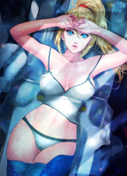 Rule 34 | 1girl, arms up, artist name, bad id, bad pixiv id, bare arms, bare shoulders, blonde hair, blue eyes, blurry, blurry background, breasts, cleavage, closed mouth, collarbone, commentary, esther shen, fingernails, large breasts, lips, lying, medium breasts, metroid, mole, mole under mouth, navel, nintendo, on back, panties, ponytail, samus aran, simple background, solo, stomach, thighs, underwear