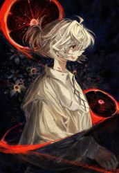 12anchovy 1boy ahoge blood blood_on_clothes blood_on_face brown_eyes closed_mouth eyes_visible_through_hair flower food fruit grey_flower grey_hair highres long_hair male_focus orange_(fruit) original solo