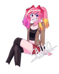Rule 34 | 1girl, breasts, cleavage, crossed legs, glitch productions, highres, long hair, medium breasts, multicolored hair, pink hair, purple eyes, saiko (smg4), skirt, smg4, solo, thighhighs