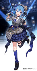 Rule 34 | 1girl, asymmetrical legwear, black choker, black footwear, black gloves, black thighhighs, blue eyes, blue hair, blue socks, brooch, choker, commentary request, crown, gloves, grey jacket, grey skirt, highres, holding, holding microphone, hololive, hoshimachi suisei, hoshimachi suisei (1st costume), idol, jacket, jewelry, looking at viewer, microphone, mini crown, nardack, partially fingerless gloves, plaid, plaid jacket, plaid skirt, pleated skirt, side ponytail, skirt, smile, socks, solo, spotlight, stage, star brooch, thighhighs, virtual youtuber