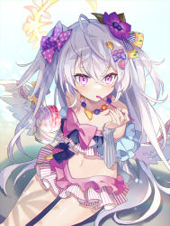 Rule 34 | 1girl, absurdres, azusa (blue archive), azusa (swimsuit) (blue archive), bead necklace, beads, bikini, blue archive, breasts, collarbone, crossed bangs, eating, feathered wings, flower, food, food-themed hair ornament, frills, hair flower, hair ornament, halo, highres, holding, holding food, jewelry, long hair, navel, necklace, orange hair ornament, outdoors, purple eyes, purple flower, ribbon-trimmed swimsuit, ribbon trim, saiki komari, shaved ice, silver hair, sitting, small breasts, solo, strapless, strapless bikini, swimsuit, very long hair, watermelon hair ornament, white wings, wings