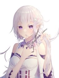 Rule 34 | 1girl, absurdres, alternate hair length, alternate hairstyle, bare shoulders, blue pupils, breasts, changu, colored eyelashes, commentary request, cutting, cutting hair, cutting own hair, detached collar, dress, elf, emilia (re:zero), expressionless, eyelashes, hair in own mouth, hair ornament, hair strand, highres, holding, holding hair, holding scissors, long sleeves, medium breasts, open mouth, pointy ears, purple eyes, re:zero kara hajimeru isekai seikatsu, sanpaku, scissors, silver hair, simple background, solo, standing, upper body, white background, white dress, wide sleeves, x hair ornament