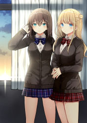 Rule 34 | 2girls, bad id, bad pixiv id, blonde hair, blue bow, blue eyes, blue skirt, blue sky, blush, bow, brown cardigan, brown hair, cardigan, closed mouth, collared shirt, commentary request, curtains, dress shirt, fingernails, green eyes, hair between eyes, hair bun, hand up, highres, indoors, kurata rine, long hair, long sleeves, looking at viewer, multiple girls, original, plaid, plaid bow, plaid skirt, pleated skirt, red bow, red skirt, shirt, side bun, single hair bun, single side bun, skirt, sky, sleeves past wrists, smile, standing, steepled fingers, sunset, white shirt, window