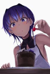 Rule 34 | 1girl, bare shoulders, blush, chocolate, dark skin, dark-skinned female, fate/grand order, fate/prototype, fate/prototype: fragments of blue and silver, fate (series), food, fruit, hassan of serenity (fate), looking at viewer, monobe tsukuri, purple eyes, purple hair, short hair, solo, strawberry, white background