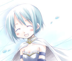 Rule 34 | 10s, 1girl, :d, bare shoulders, blue hair, blush, cape, closed eyes, happy tears, magical girl, mahou shoujo madoka magica, mahou shoujo madoka magica (anime), miki sayaka, mizuna tomomi, open mouth, short hair, smile, solo, tearing up, tears, tomzousuke
