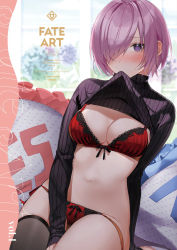 Rule 34 | 1girl, alternate costume, between legs, black thighhighs, blush, bra, breasts, cleavage, clothes lift, commentary request, copyright name, cover, cover page, fate/grand order, fate (series), groin, hair over one eye, hand between legs, highres, indoors, lace, lace-trimmed bra, lace trim, lifted by self, long sleeves, looking at viewer, lowleg, lowleg panties, mash kyrielight, medium breasts, mouth hold, navel, panties, pink hair, purple eyes, purple sweater, red bra, red panties, short hair, single thighhigh, sitting, sleeves past wrists, solo, stomach, striped bra, striped clothes, striped panties, sweater, sweater lift, thighhighs, underwear, vertical-striped bra, vertical-striped clothes, vertical-striped panties, window, xretakex, yes-no pillow
