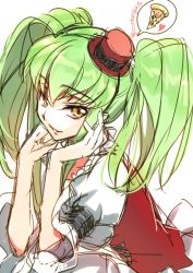 Rule 34 | 1girl, artist name, c.c., code geass, creayus, dress, food, green hair, hat, heart, long hair, looking at viewer, pizza, simple background, smile, solo, top hat, twintails, white background, yellow eyes