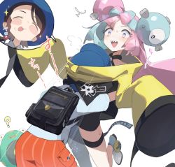 Rule 34 | 2girls, backpack, bag, bellibolt, black bag, black shorts, blue headwear, blush, blush stickers, boots, character hair ornament, closed eyes, commentary request, creatures (company), game freak, green hair, grey footwear, hair ornament, hat, head under another&#039;s clothes, highres, iono (pokemon), jacket, juliana (pokemon), leg up, long hair, luelue zi, multicolored hair, multiple girls, multiple views, nintendo, open mouth, orange shorts, pokemon, pokemon (creature), pokemon sv, purple hair, saliva, sharp teeth, shirt, short sleeves, shorts, sleeves past fingers, sleeves past wrists, star-shaped pupils, star (symbol), striped clothes, striped shorts, sweat, symbol-shaped pupils, teeth, thigh strap, tongue, tongue out, two-tone hair, under another&#039;s clothes, upper teeth only, vertical-striped clothes, vertical-striped shorts, yellow jacket, yuri