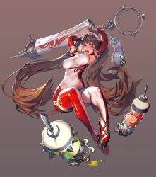 Rule 34 | 1girl, bare shoulders, breasts, brown hair, curvy, demeter (destiny child), destiny child, elbow gloves, eyepatch, from below, gloves, green eyes, hat, high heels, highres, kim hyung tae, large breasts, long hair, looking at viewer, nurse, nurse cap, official art, open mouth, oversized object, simple background, solo, syringe, teeth, thighhighs, twintails, very long hair