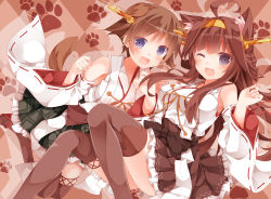 Rule 34 | 10s, 2girls, :d, ;d, ahoge, animal ears, bare shoulders, brown hair, cat ears, detached sleeves, dog ears, dog tail, fang, frilled skirt, frills, hairband, hiei (kancolle), japanese clothes, kantai collection, kemonomimi mode, kongou (kancolle), long hair, mogu (au1127), multiple girls, no legwear, one eye closed, open mouth, paw pose, paw print, personification, ribbon-trimmed sleeves, ribbon trim, short hair, skirt, smile, tail, thighhighs