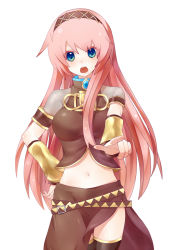 Rule 34 | 1girl, :o, armband, belt, black hairband, black skirt, black thighhighs, blue eyes, blue gemstone, blush, breasts, brooch, detached sleeves, female focus, gem, hairband, hand on own hip, index finger raised, jewelry, large breasts, long hair, long skirt, looking at viewer, megurine luka, midriff, multiple belts, navel, open mouth, pink hair, pointing, round teeth, sayuri (xxxsayurixxx), serious, side slit, skirt, solo, standing, teeth, thighhighs, turtleneck, vocaloid, yellow detached sleeves