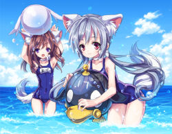 Rule 34 | 10s, 2girls, academic (dragon nest), animal ears, blue eyes, braid, brown hair, cat ears, dragon nest, hino (mooncalf+t), long hair, multiple girls, one-piece swimsuit, red eyes, school swimsuit, silver hair, soaking feet, swimsuit, tail, twin braids, twintails, wading, water