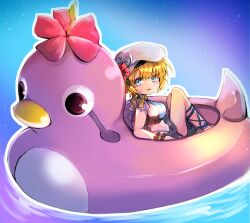 Rule 34 | 1girl, any813, bird, blonde hair, blue eyes, breasts, duck, flower, full body, hat, hat flower, highres, labelle, looking at viewer, medium breasts, open mouth, saga, saga frontier 2, short hair, simple background, sitting, skirt, solo, swimsuit