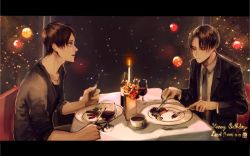 Rule 34 | 10s, 2014, 2boys, alcohol, bottle, candle, character name, cup, dated, dinner, drinking glass, eren yeager, food, formal, from side, happy birthday, letterboxed, levi (shingeki no kyojin), male focus, meat, multiple boys, necktie, plate, shingeki no kyojin, short hair, sitting, suit, table, teacup, wine, wine glass, yume (ymym 62)