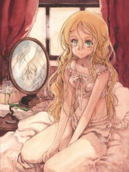 Rule 34 | 1girl, bad id, bad pixiv id, bed, bedroom, blonde hair, curly hair, curtains, frills, glasses, green eyes, highres, indoors, jewelry, long hair, mirror, necklace, original, pillow, ribbon, senkyoushi gondolf, solo, window