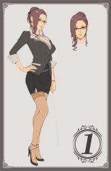 Rule 34 | 1girl, absurdres, black-framed eyewear, black skirt, breasts, brown hair, closed mouth, collared shirt, earrings, feet, full body, glasses, hand on own hip, high heels, high ponytail, highres, jewelry, large breasts, legs, light smile, looking at viewer, mole, mole under eye, necklace, oda non, orange eyes, parted lips, pearl necklace, pencil skirt, pointer, ponytail, serious, shirt, simple background, skirt, sleeves rolled up, smile, solo, standing, thighhighs, thighs