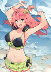 Rule 34 | 1girl, :d, ahoge, armpits, arms up, bare arms, bare shoulders, bikini, bikini top only, black bikini, blush, breasts, collarbone, cowboy shot, day, ddal, floating hair, frilled bikini, frills, green bikini, green eyes, hair ornament, headphones, headphones around neck, highres, holding, large breasts, looking at viewer, mismatched bikini, ocean, one side up, open mouth, original, pink hair, smile, solo, standing, sweat, swimsuit, water, wind