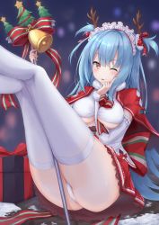 Rule 34 | 1girl, ;p, absurdres, arm between breasts, azur lane, bell, between breasts, blue hair, blurry, blurry background, blush, bow, box, breasts, capelet, christmas, christmas tree, closed mouth, commentary, crop top, dark background, detached sleeves, fake antlers, feet out of frame, fur collar, gift, gift box, highres, holding, holding trident, holding weapon, index finger raised, large bow, legs, legs together, legs up, light blue hair, long hair, looking at viewer, maid headdress, medium breasts, miniskirt, neptune (azur lane), neptune (princess of the reindeers) (azur lane), official alternate costume, one eye closed, panties, polearm, polka dot, polka dot bow, red bow, red capelet, red skirt, shirt, short twintails, sitting, skirt, smile, solo, thighhighs, thighs, tongue, tongue out, trident, tu (to sse), twintails, two side up, underboob, underwear, weapon, white panties, white shirt, white thighhighs, yellow eyes
