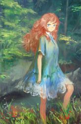 Rule 34 | 1girl, blue eyes, brown hair, dress, female focus, forest, long hair, looking at viewer, nababa, nature, original, outdoors, solo, standing, tree