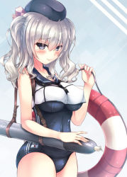 Rule 34 | 1girl, bare shoulders, black hat, blue one-piece swimsuit, blush, bow, breasts, closed mouth, closed umbrella, collarbone, cosplay, covered erect nipples, crop top, crop top overhang, eyebrows, garrison cap, grey background, hair between eyes, hat, hat bow, japanese flag, kantai collection, kashima (kancolle), large breasts, lifebuoy, looking at viewer, one-piece swimsuit, over shoulder, propeller, purple eyes, ro-500 (kancolle), ro-500 (kancolle) (cosplay), school swimsuit, shirt, short hair, short twintails, silver hair, simple background, skin tight, smile, solo, standing, swim ring, swimsuit, tenchou no matsumoto, torpedo, twintails, umbrella, white shirt