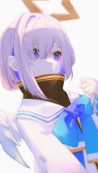 Rule 34 | 1girl, amane kanata, angel, angel wings, blue bow, blue bowtie, blue eyes, blurry, blurry background, bob cut, bow, bowtie, colored inner hair, depth of field, dutch angle, halo, hand up, highres, hololive, long sleeves, multicolored eyes, multicolored hair, parted lips, pink hair, purple eyes, purple hair, sailor collar, shirt, single hair intake, solo, star halo, upper body, virtual youtuber, white sailor collar, white shirt, white wings, whitem (whiteemperor2020), wings