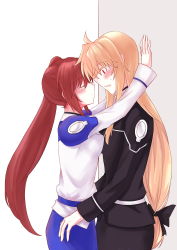 Rule 34 | 00s, 2girls, absurdres, artist request, blonde hair, blush, couple, embarrassed, closed eyes, fate testarossa, highres, imminent kiss, kabedon, long hair, looking at another, lyrical nanoha, mahou shoujo lyrical nanoha, military, military uniform, multiple girls, open mouth, ponytail, side ponytail, takamachi nanoha, uniform, very long hair, yuri