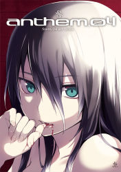 Rule 34 | 1girl, aqua eyes, arisaka ako, bad id, bad pixiv id, black hair, blood, close-up, finger to mouth, hair between eyes, licking, licking finger, looking at viewer, original, pale skin, profile, solo, text focus, upper body