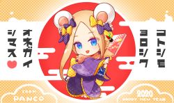 Rule 34 | 1girl, 2020, :d, abigail williams (fate), animal ears, artist name, barefoot, blonde hair, blue eyes, blush, bow, checkered background, checkered bow, checkered clothes, checkered kimono, chibi, chinese zodiac, commentary request, egasumi, fake animal ears, fate/grand order, fate (series), forehead, full body, hagoita, hair bow, hanetsuki, happy new year, heart, highres, holding, japanese clothes, kimono, long sleeves, mouse ears, new year, open mouth, orange bow, paddle, panco neco, parted bangs, polka dot, polka dot bow, purple bow, purple kimono, sidelocks, smile, solo, translation request, two-handed, wide sleeves, year of the rat