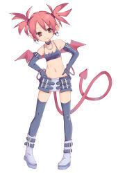 Rule 34 | 1girl, bracelet, choker, demon girl, demon tail, demon wings, disgaea, earrings, elbow gloves, etna (disgaea), gloves, hands on own hips, jewelry, midriff, navel, pointy ears, red eyes, red hair, solo, tail, thighhighs, twintails, unacchi (nyusankin), wings