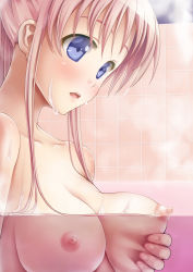 Rule 34 | 1girl, bath, blue eyes, blush, grabbing another&#039;s breast, breasts, endou hiroto, grabbing, highres, large breasts, long hair, nipples, nude, open mouth, original, partially submerged, pink hair, purple eyes, seigetten lynette, shower, solo, steam, water, wet