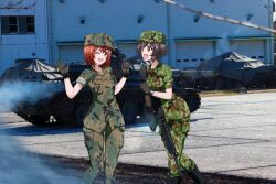Rule 34 | 2girls, akiyama yukari, alternate costume, assault rifle, black footwear, blush, bob cut, boots, breast pocket, brown eyes, brown gloves, brown hair, brown headwear, brown jacket, brown pants, camouflage, camouflage headwear, camouflage jacket, camouflage pants, crossover, day, field cap, girls und panzer, gloves, green headwear, green jacket, green pants, gun, hat, highres, holding, holding gun, holding weapon, jacket, key (gaigaigai123), knee boots, looking at another, m16, marine corps yumi, messy hair, military, military uniform, multiple girls, nagumo yumi, name tag, one eye closed, open mouth, outdoors, pants, photo background, pocket, red eyes, red hair, rifle, short hair, sleeves rolled up, smile, tank, type 74 (tank), uniform, united states marine corps, vehicle request, watch, weapon, wristwatch
