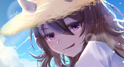 Rule 34 | 1girl, animal ears, blush, brown hair, candy, cloud, contrail, day, ears through headwear, food, food in mouth, hair between eyes, hat, horse ears, lollipop, long hair, looking at viewer, mamare, nakayama festa (umamusume), open mouth, outdoors, purple eyes, shirt, smile, solo, straw hat, umamusume, upper body, white shirt
