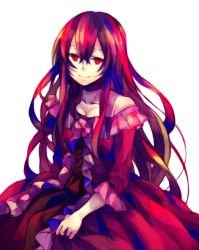 Rule 34 | 00s, 1girl, bare shoulders, bow, brown hair, choker, dress, frilled dress, frills, kugifumi rinne, lacie baskerville, long hair, pandora hearts, red eyes, simple background, sitting, smile, solo, very long hair
