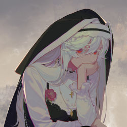Rule 34 | 1girl, absurdres, alternate costume, arknights, black dress, cloud, cloudy sky, dress, habit, hair between eyes, hand on own face, highres, jewelry, long hair, long sleeves, looking at viewer, misaq, necklace, pinafore dress, red eyes, rosary, shirt, silver hair, sky, sleeveless dress, solo, specter (arknights), upper body, white shirt