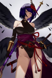 Rule 34 | 1girl, absurdres, autumn boar, bad id, bad pixiv id, bare shoulders, black gloves, black leotard, black wings, bracer, breasts, closed mouth, collarbone, contrapposto, elbow gloves, feathered wings, genshin impact, gloves, gradient background, groin, highleg, highleg leotard, highres, holding, holding staff, kujou sara, large breasts, leotard, long hair, mask, mask on head, multiple wings, purple hair, red ribbon, ribbon, serious, sheath, sheathed, short hair, solo, staff, swept bangs, thighs, v-shaped eyebrows, waist cape, wings, yellow eyes