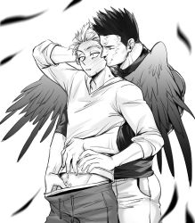 Rule 34 | 2boys, absurdres, alternate costume, behind another, blush, boku no hero academia, casual, clothes pull, couple, endeavor (boku no hero academia), facial hair, feathered wings, feathers, greyscale, hand under clothes, hawks (boku no hero academia), helen roro, highres, kiss, kissing neck, male focus, male pubic hair, mature male, midriff peek, monochrome, multiple boys, muscular, muscular male, pants, pants pull, pubic hair, pulling another&#039;s clothes, scar, scar across eye, scar on face, short hair, sideburns, spiked hair, stubble, track pants, wings, yaoi