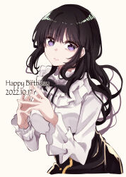 Rule 34 | 1girl, absurdres, bang dream!, black hair, cowboy shot, dated, floating hair, frilled shirt, frilled sleeves, frills, happy birthday, highres, long hair, looking at viewer, nuruponnu, own hands together, parted lips, shirokane rinko, shirt, simple background, smile, solo