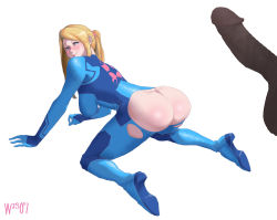 Rule 34 | 1boy, 1girl, absurdres, all fours, ass, ass cutout, blonde hair, blue eyes, blush, bodysuit, clothing cutout, high heels, highres, imminent penetration, looking back, metroid, nintendo, penis, ponytail, presenting, samus aran, smile, solo focus, torn clothes, torn zero suit, uncensored, wjs07, zero suit